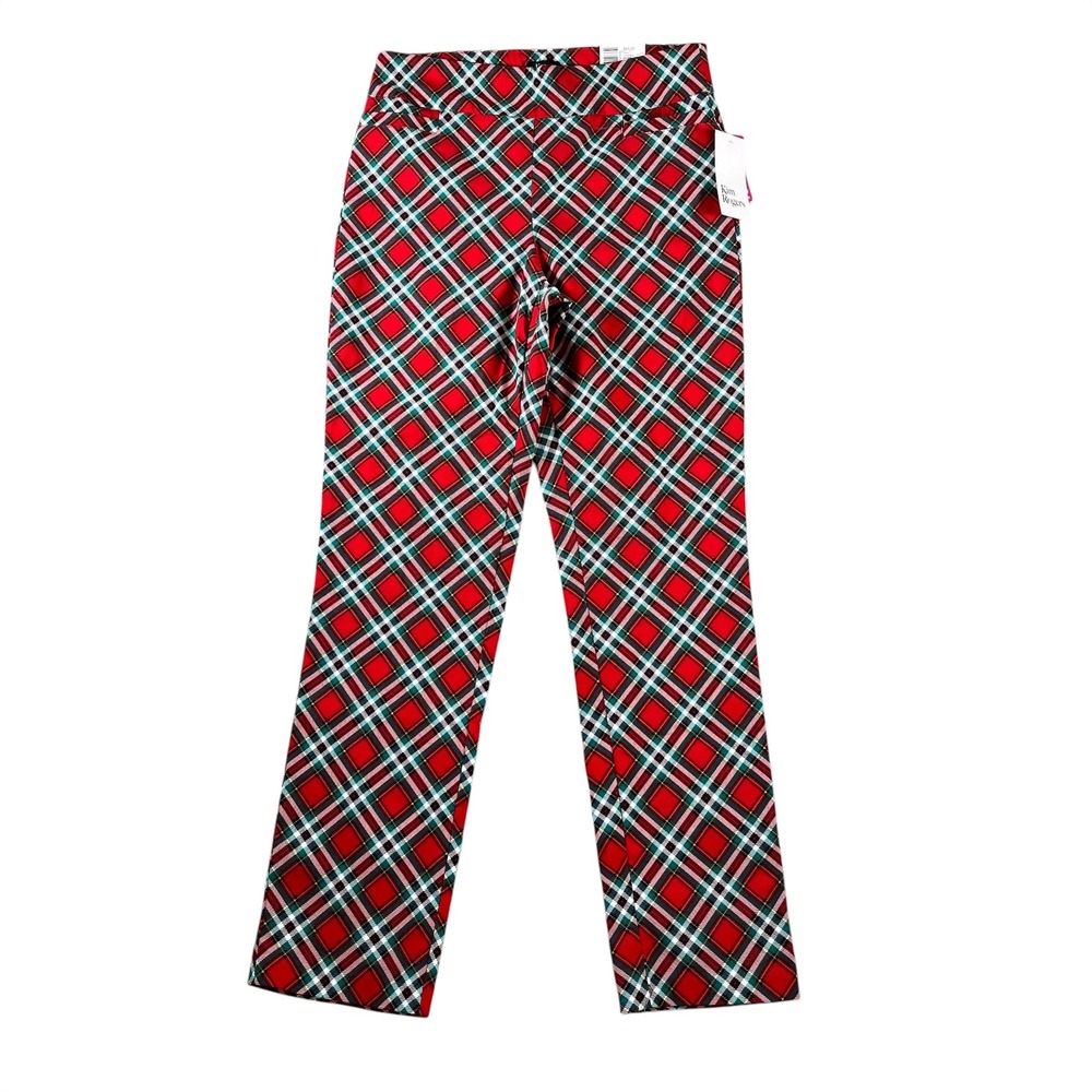 Kim Rogers Millennium Straight Leg Pants Red Plaid Tummy Control Womens 10 NWT